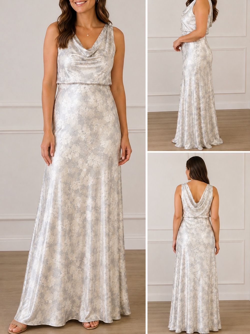 Elegant Silver Floral Cowl Neck Dress
